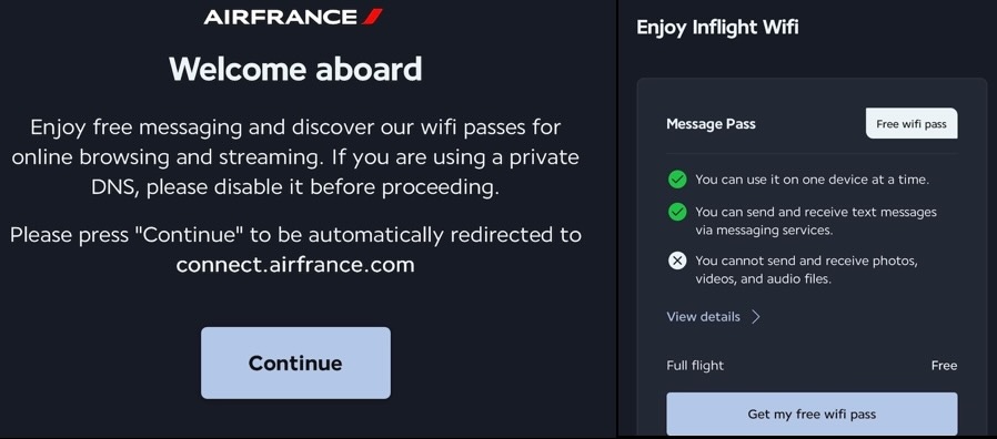 エールフランス機内WiFi 接続開始画面