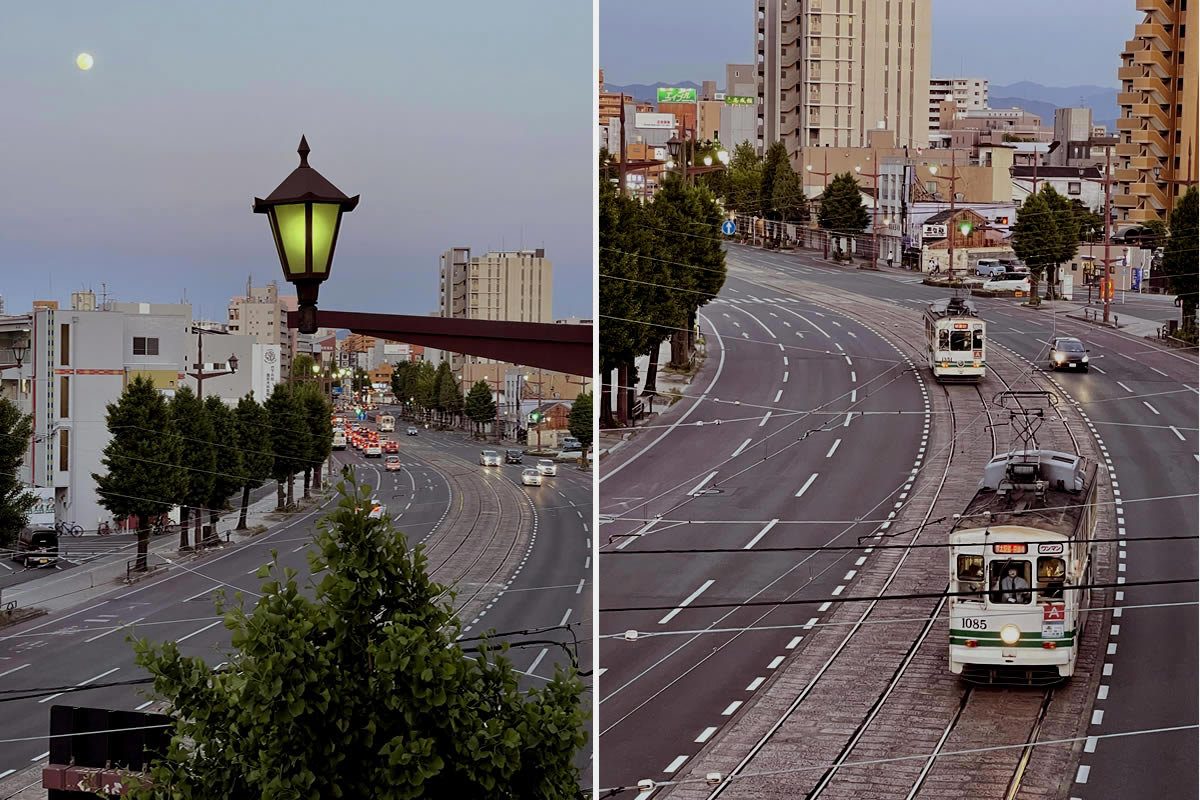 熊本市中央区電車通りの街灯と路面電車