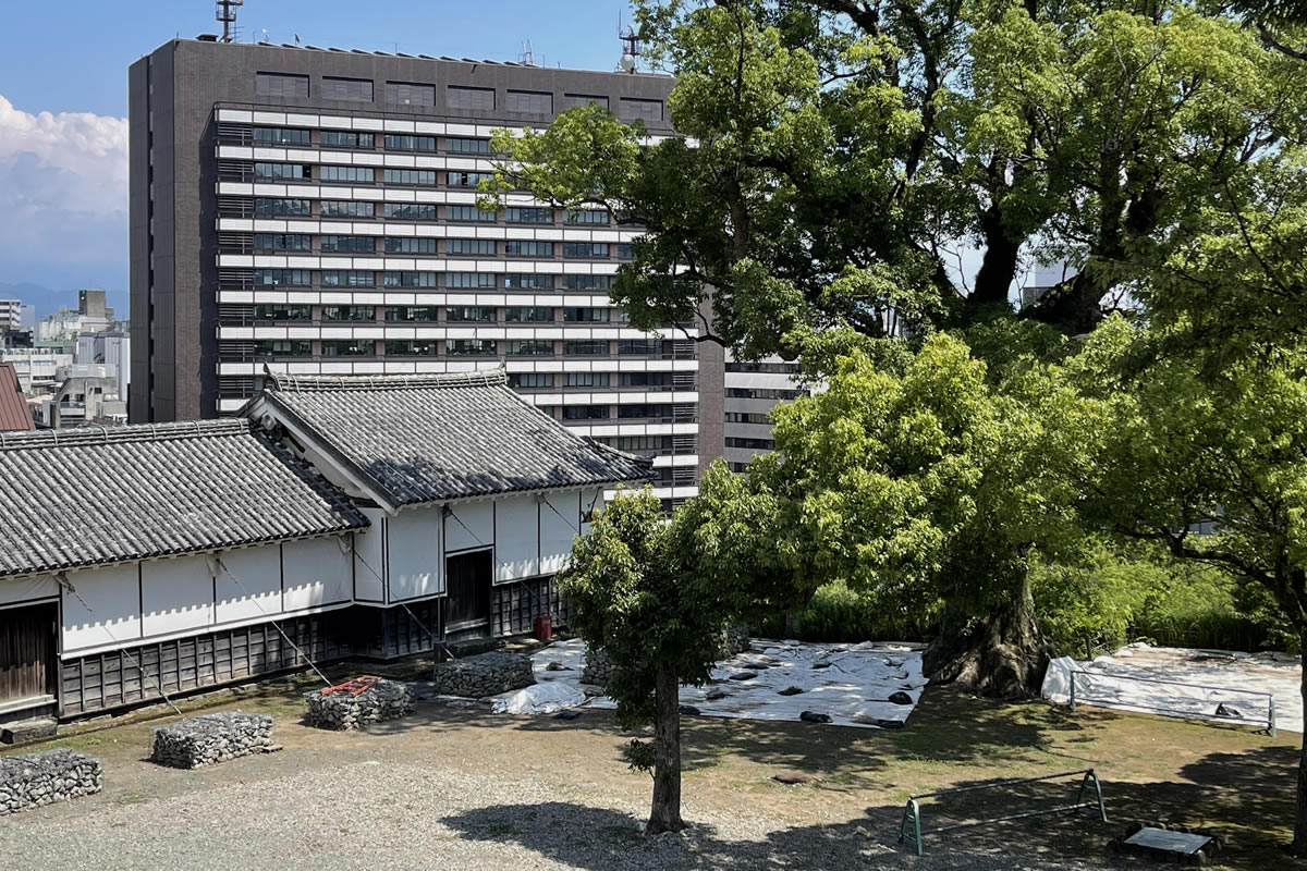 熊本城から熊本市役所本庁舎を見る