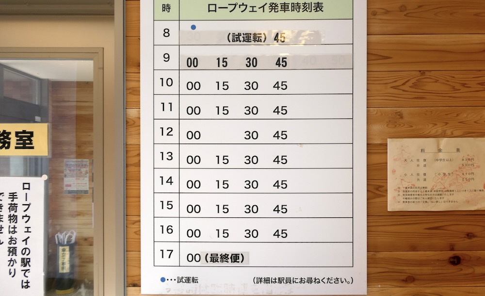 伊香保ロープウェイ見晴駅に掲示されたロープウェイ発車時刻表