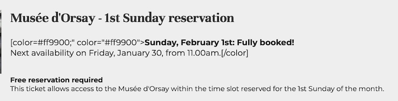 2026年1月18日時点のオルセー美術館の無料開放日とオンライン予約状況
