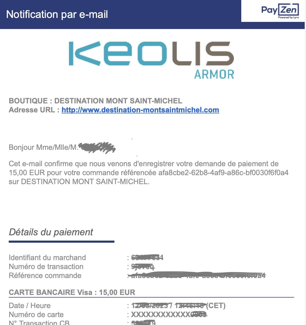 Keolis Armor 支払い通知メール