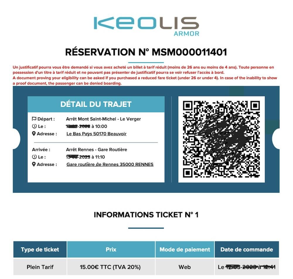 Keolis Armor モンサンミッシェル行きバス QRチケット