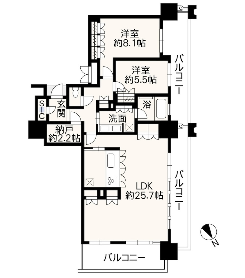 MJR熊本ザ・タワー21階中古物件 2LDK+S間取りと間取図