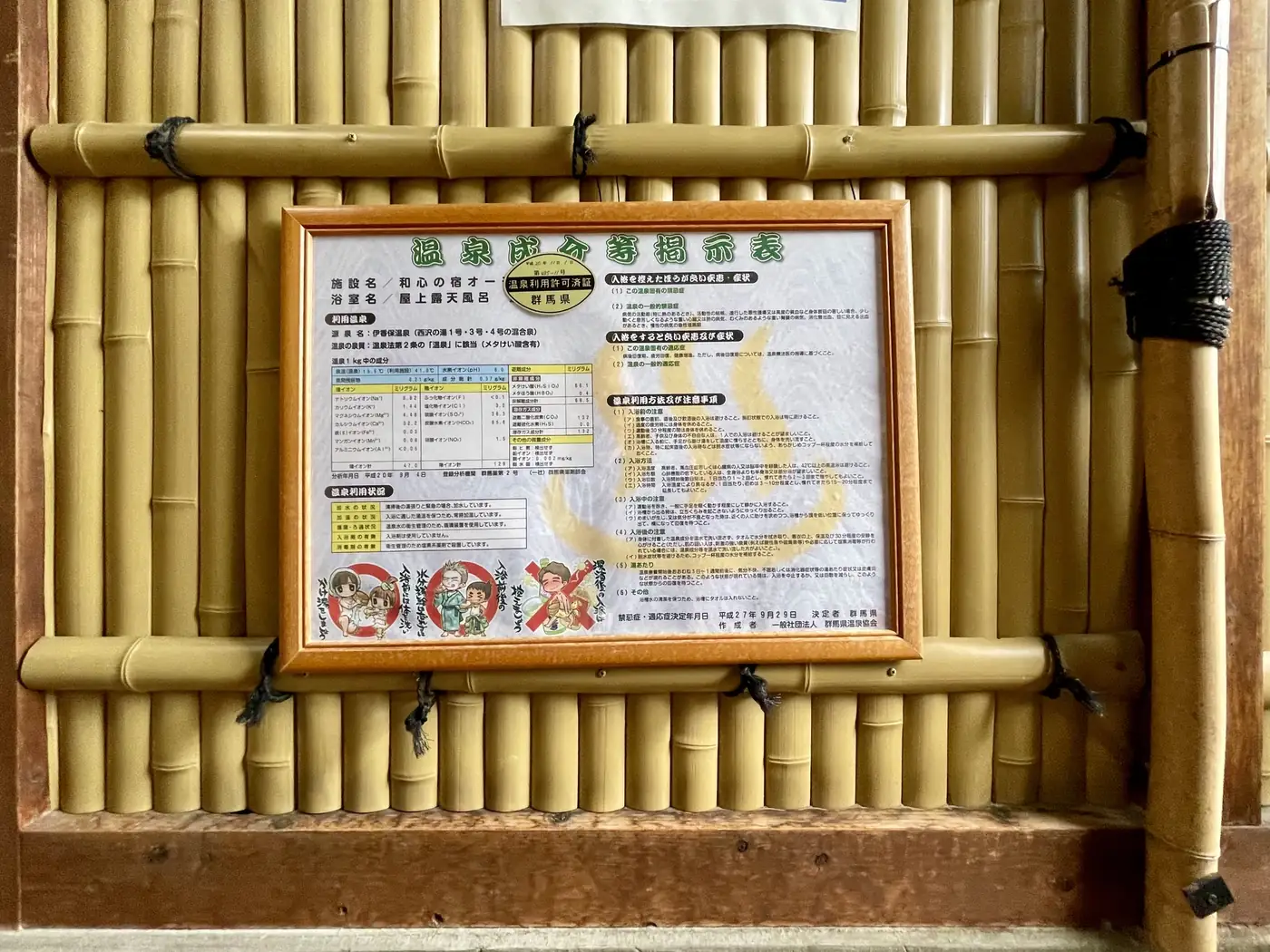 展望露天風呂の温泉成分等掲示表